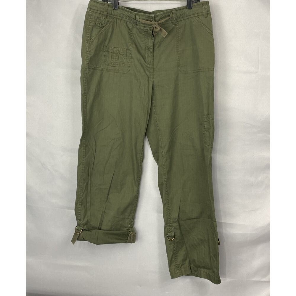 Jones New York Sport Pants Women 14 Army Green Roll Tab Straight Cargo Tie Waist